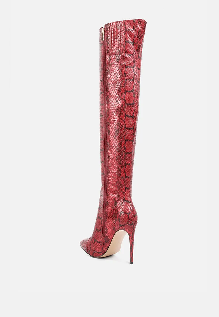 catalina snake print stiletto knee boots