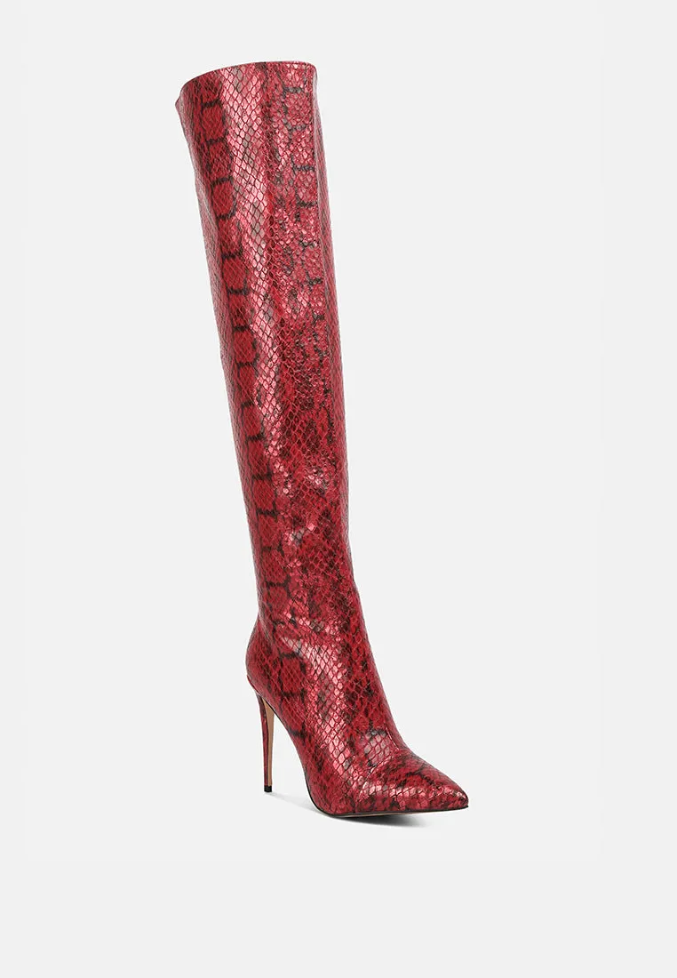 catalina snake print stiletto knee boots