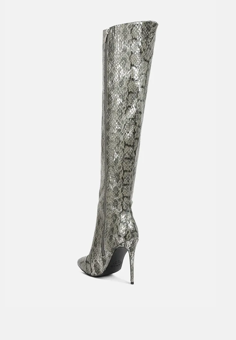 catalina snake print stiletto knee boots