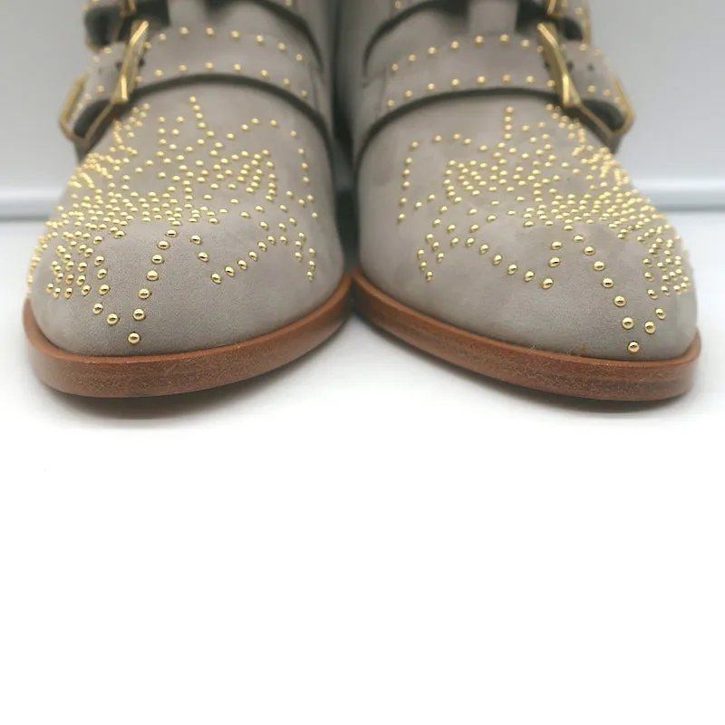 Chloe Susanna Studded Ankle Boots Ash Gray Suede Size 36 Buckle Booties NEW