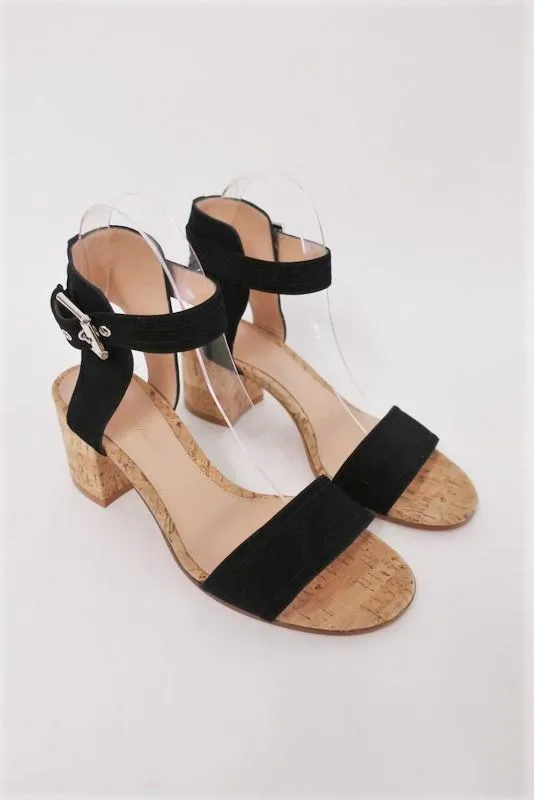 Gianvito Rossi Cork Sandals Rikki Black Suede Size 38 Ankle Strap Mid-Heel