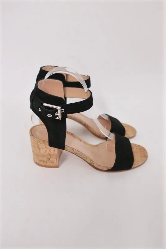 Gianvito Rossi Cork Sandals Rikki Black Suede Size 38 Ankle Strap Mid-Heel
