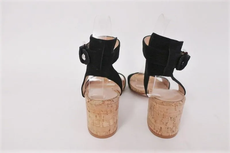 Gianvito Rossi Cork Sandals Rikki Black Suede Size 38 Ankle Strap Mid-Heel