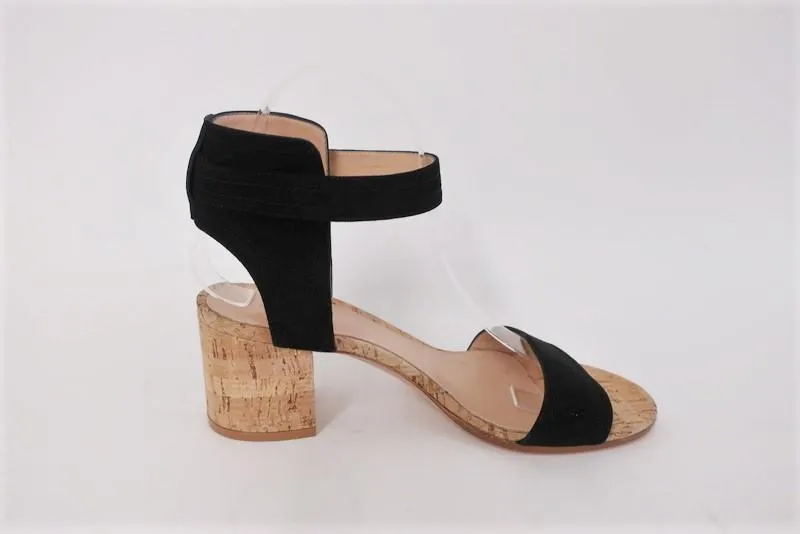 Gianvito Rossi Cork Sandals Rikki Black Suede Size 38 Ankle Strap Mid-Heel