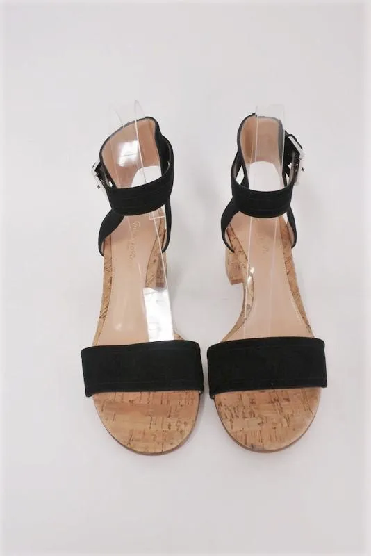 Gianvito Rossi Cork Sandals Rikki Black Suede Size 38 Ankle Strap Mid-Heel