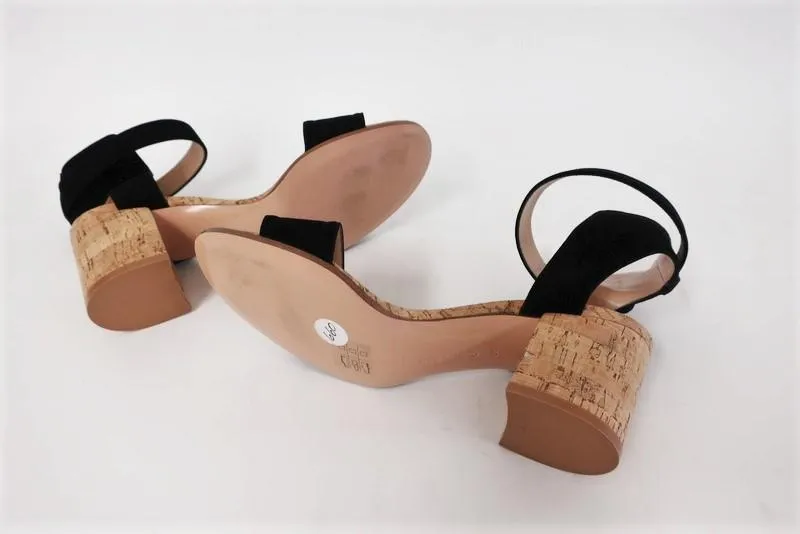 Gianvito Rossi Cork Sandals Rikki Black Suede Size 38 Ankle Strap Mid-Heel