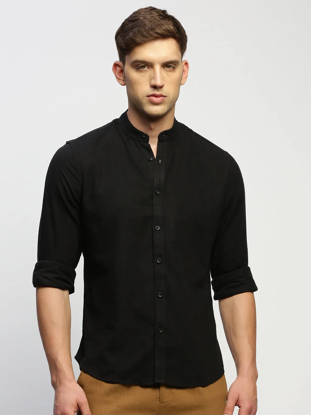 Men Black Comfort Slim Fit Band Collar Chambray Weave Cotton Casual Shirt