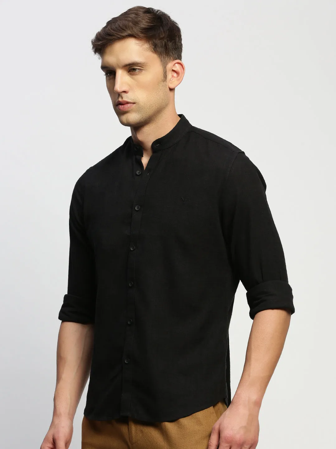 Men Black Comfort Slim Fit Band Collar Chambray Weave Cotton Casual Shirt