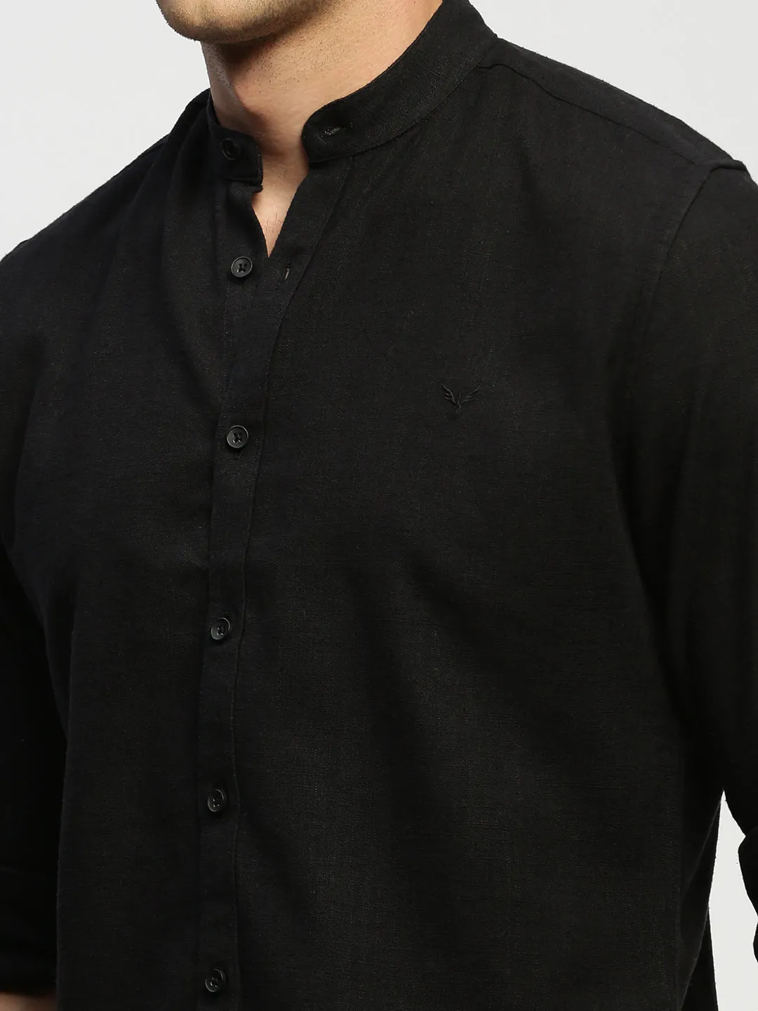 Men Black Comfort Slim Fit Band Collar Chambray Weave Cotton Casual Shirt