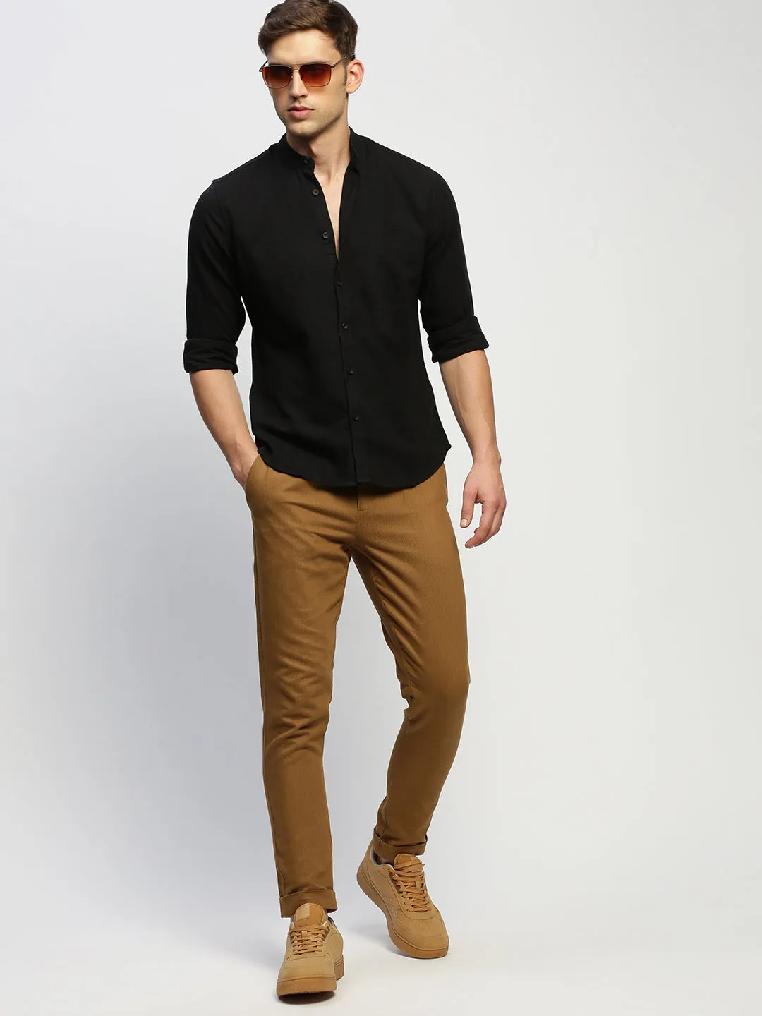 Men Black Comfort Slim Fit Band Collar Chambray Weave Cotton Casual Shirt