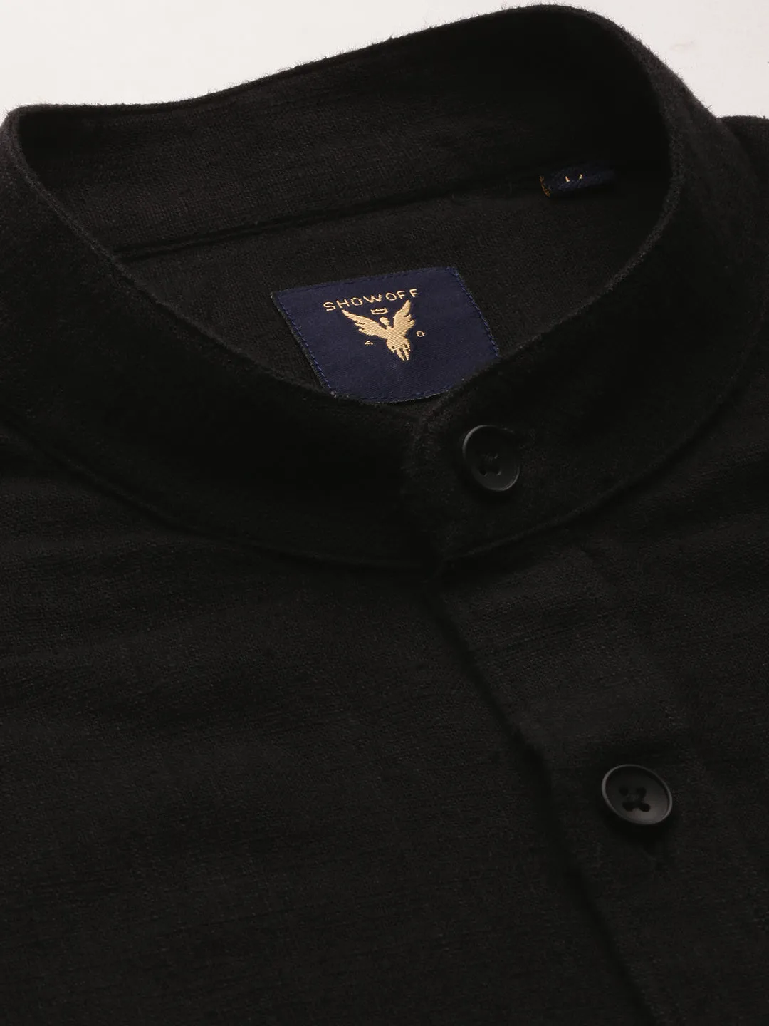 Men Black Comfort Slim Fit Band Collar Chambray Weave Cotton Casual Shirt