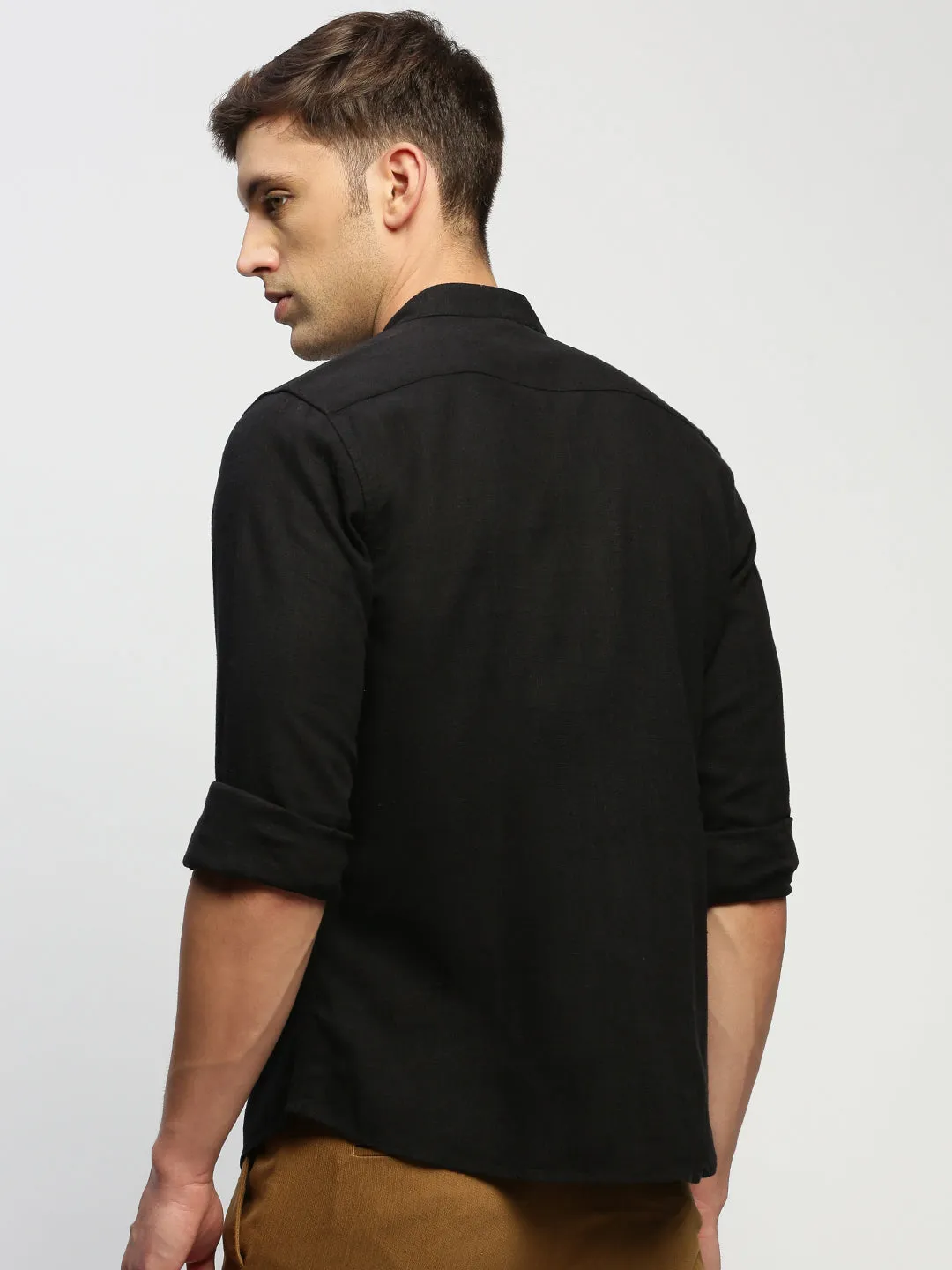 Men Black Comfort Slim Fit Band Collar Chambray Weave Cotton Casual Shirt