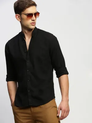 Men Black Comfort Slim Fit Band Collar Chambray Weave Cotton Casual Shirt
