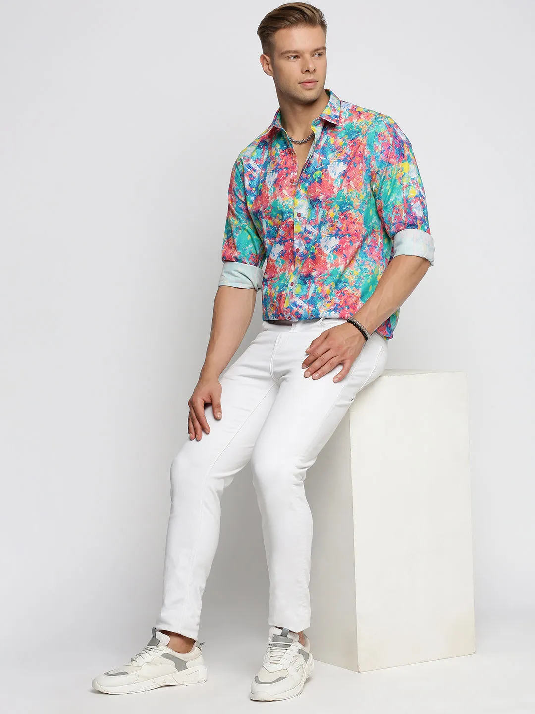 Men Blue Smart Slim Fit Abstract Printed Casual Shirt