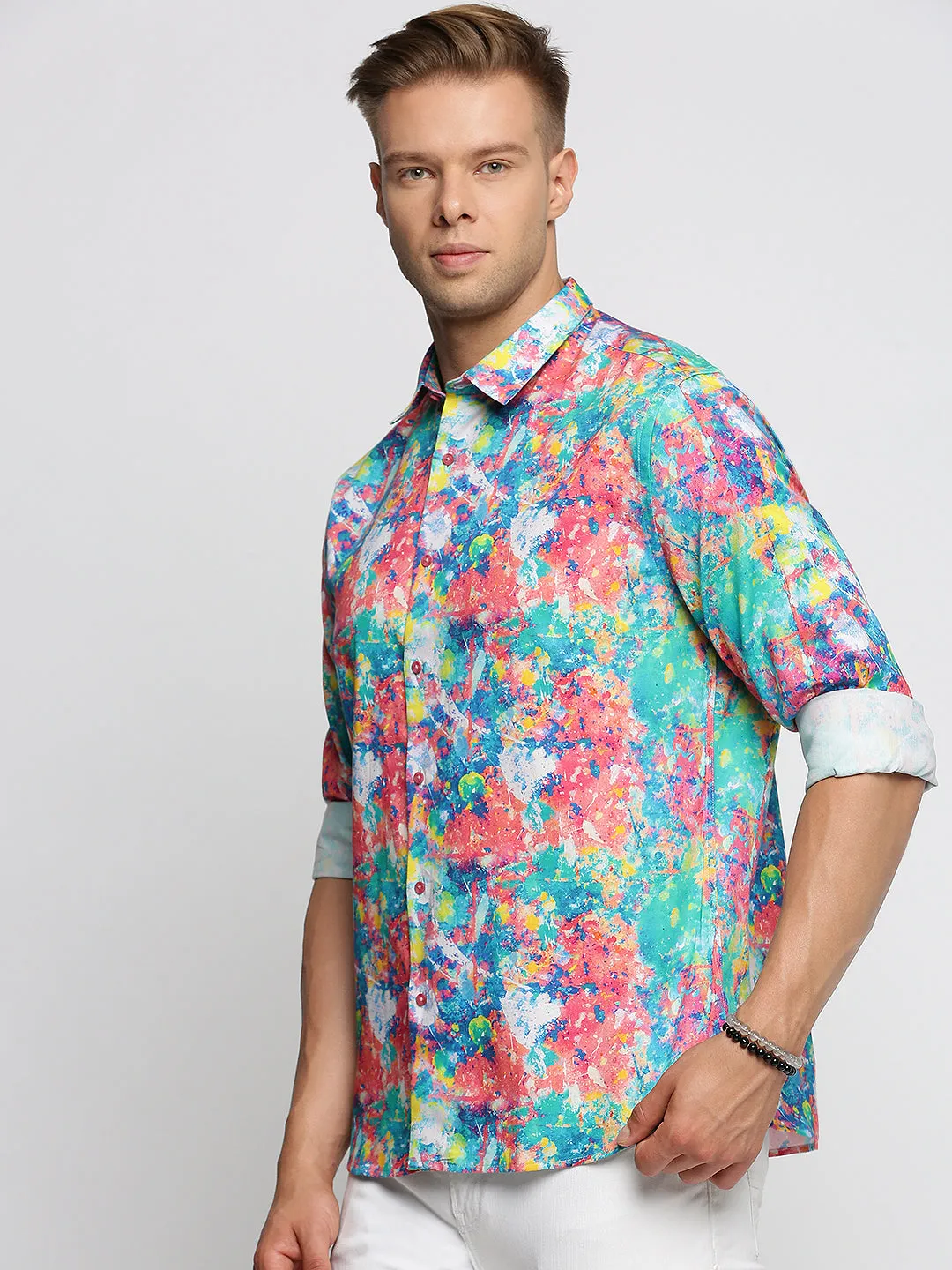 Men Blue Smart Slim Fit Abstract Printed Casual Shirt