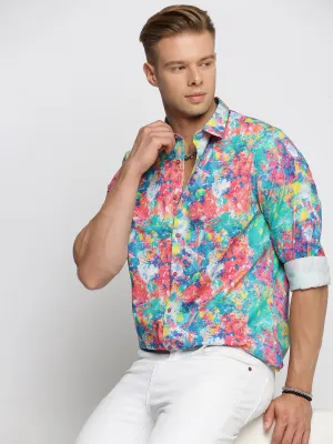 Men Blue Smart Slim Fit Abstract Printed Casual Shirt