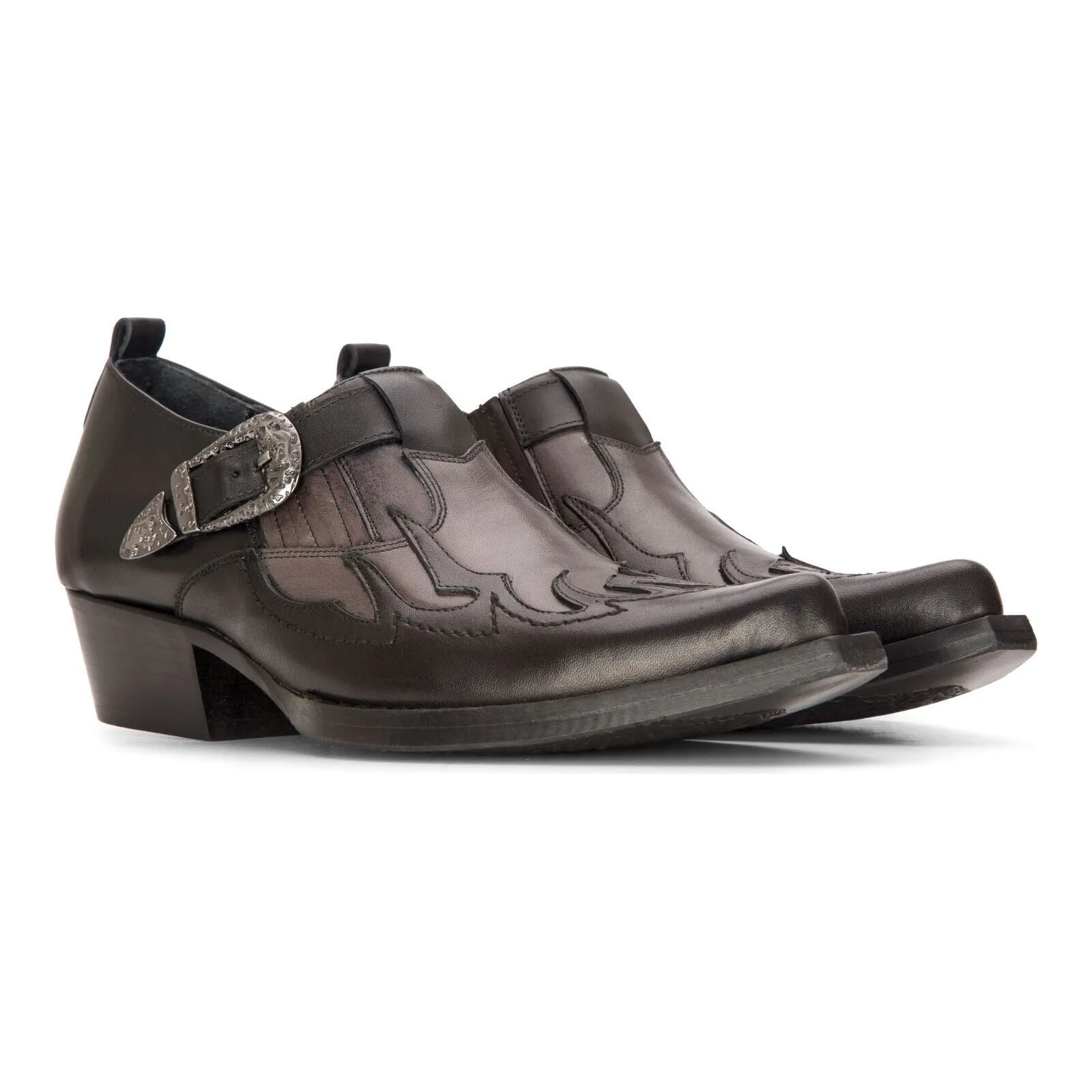 Men's Leather Western Shoes Black Cuban Cowboy Winklepickers Classic Buckle Shoe