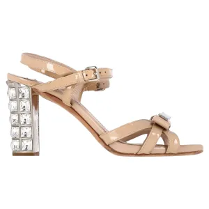 Miu Miu Bow Detail Ankle Strap Crystal Heel Sandals in Nude Patent Leather
