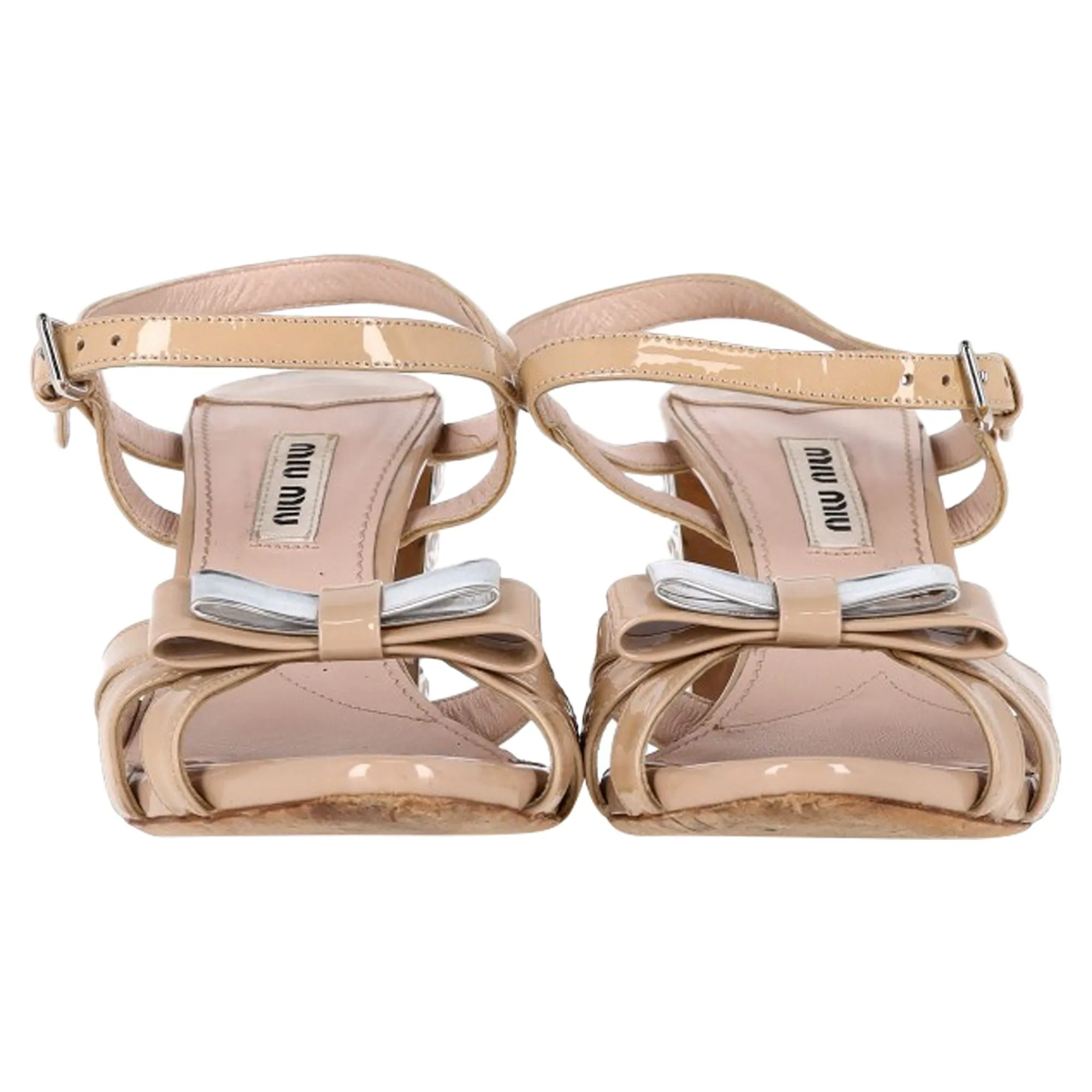 Miu Miu Bow Detail Ankle Strap Crystal Heel Sandals in Nude Patent Leather
