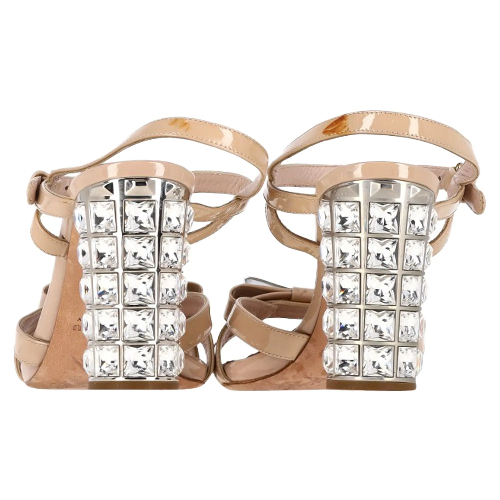 Miu Miu Bow Detail Ankle Strap Crystal Heel Sandals in Nude Patent Leather