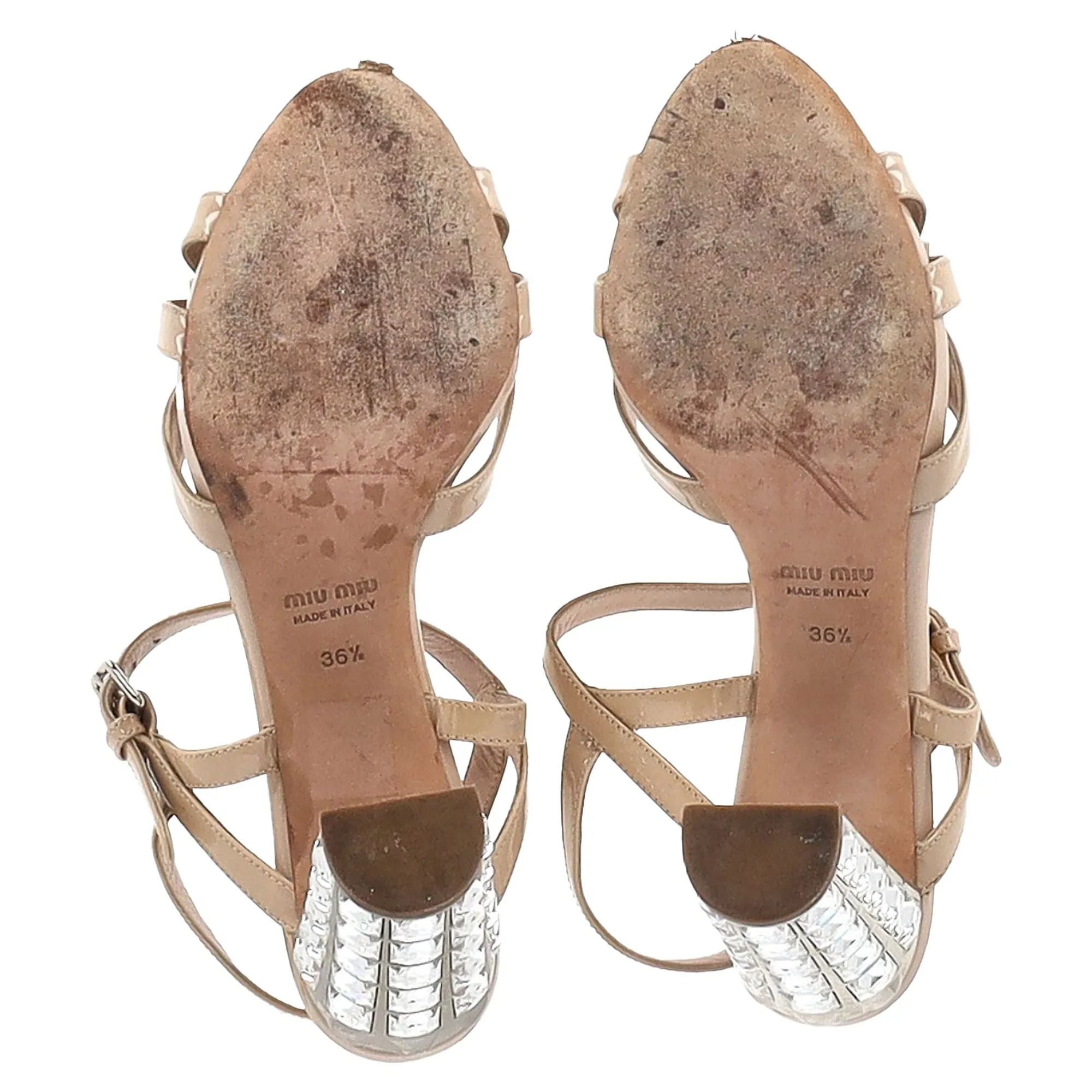 Miu Miu Bow Detail Ankle Strap Crystal Heel Sandals in Nude Patent Leather