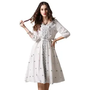 Ranch Style V-Neck A-line Three Quarter Lantern Sleeve Vintage Dress