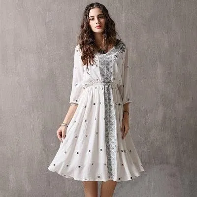 Ranch Style V-Neck A-line Three Quarter Lantern Sleeve Vintage Dress