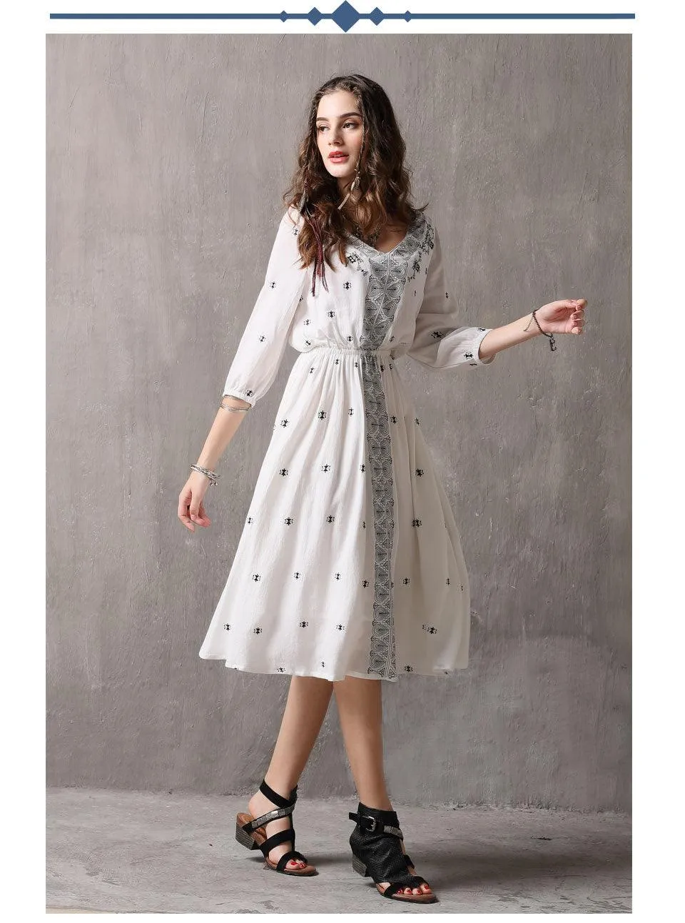 Ranch Style V-Neck A-line Three Quarter Lantern Sleeve Vintage Dress