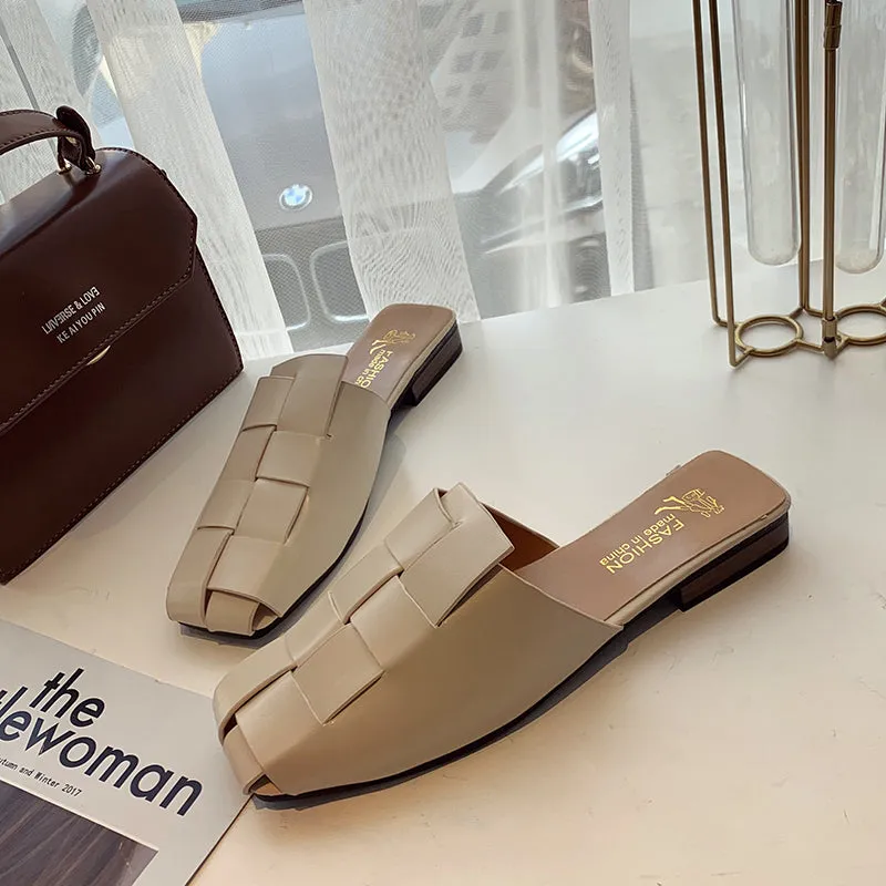 Retro Cross Tie Hollow Slip On Low Heels Women Mules Shoes