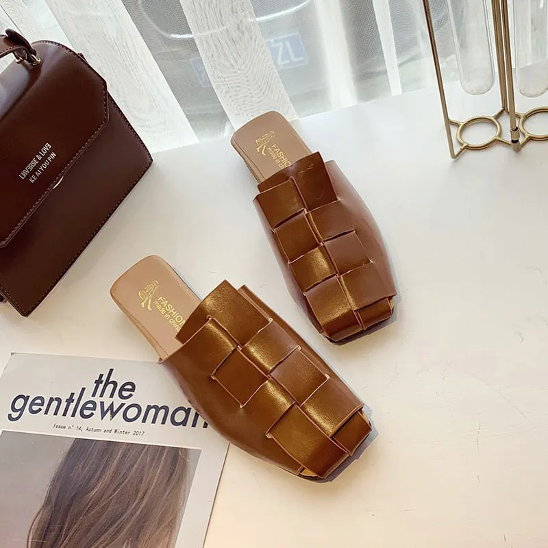 Retro Cross Tie Hollow Slip On Low Heels Women Mules Shoes