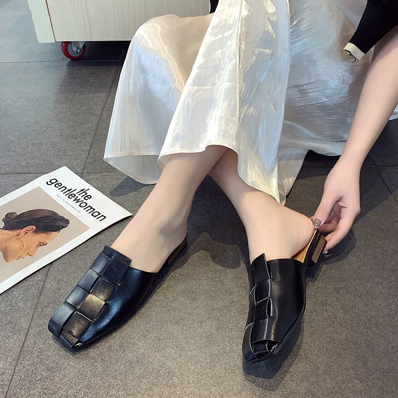 Retro Cross Tie Hollow Slip On Low Heels Women Mules Shoes