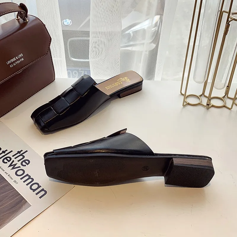 Retro Cross Tie Hollow Slip On Low Heels Women Mules Shoes