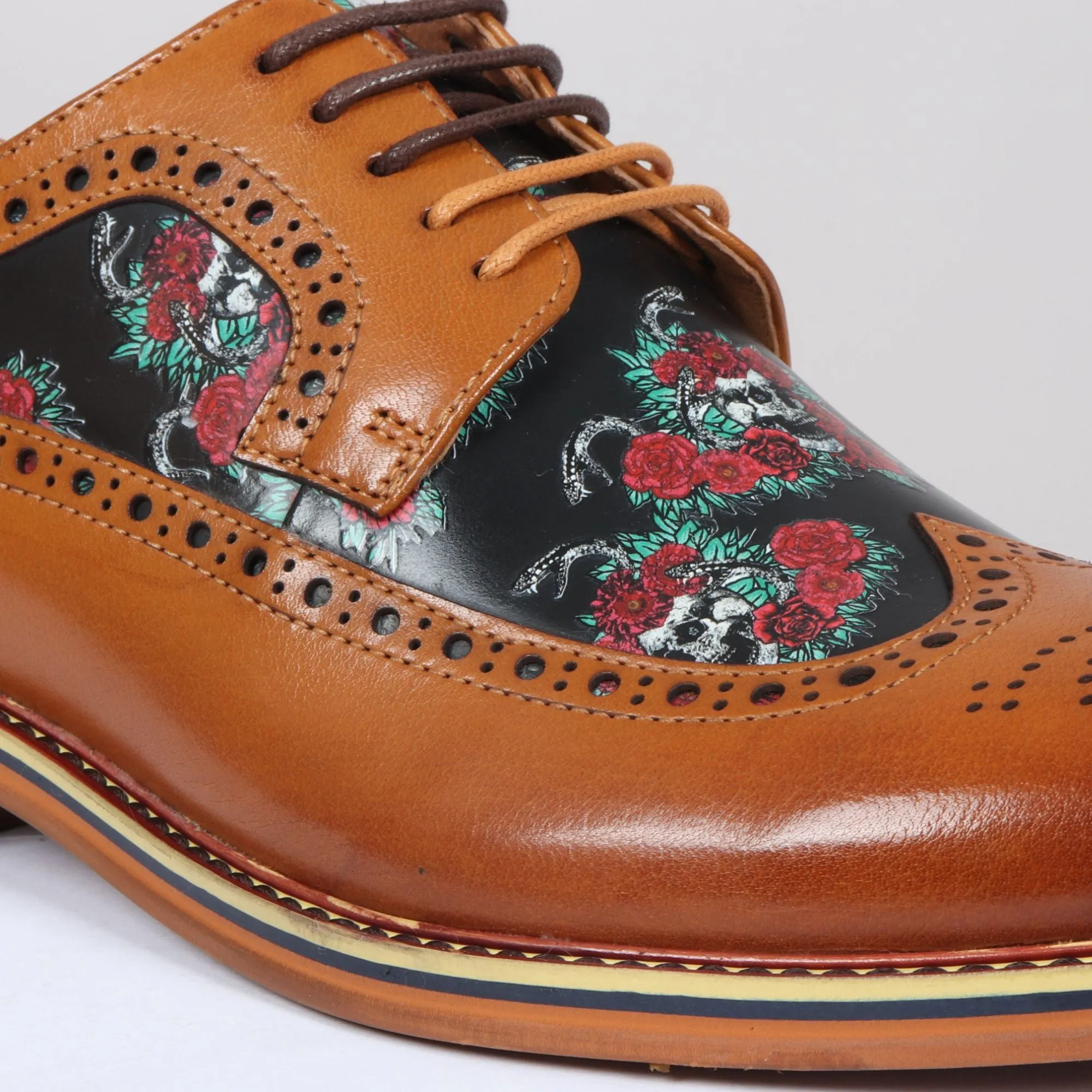 Ross Floral Skull Print Leather Oxford Brogue Lace Up Formal Dress Shoe