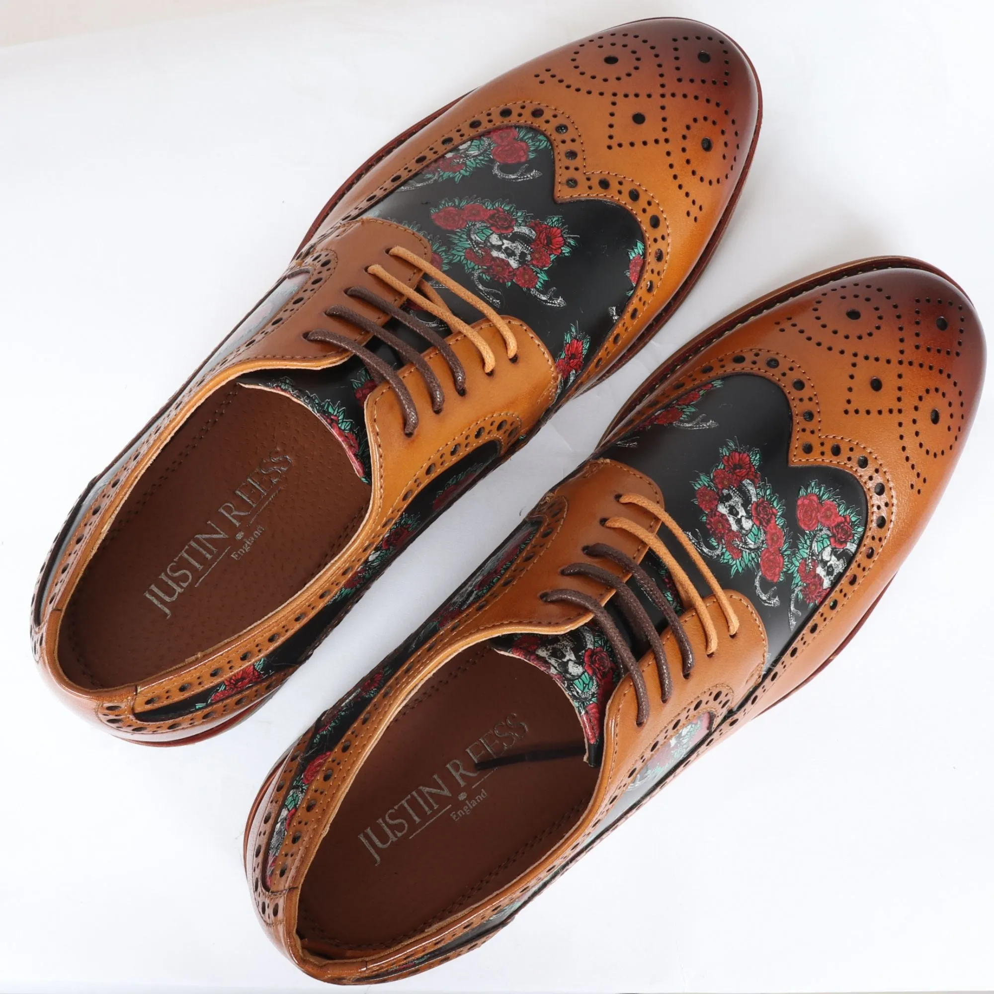 Ross Floral Skull Print Leather Oxford Brogue Lace Up Formal Dress Shoe