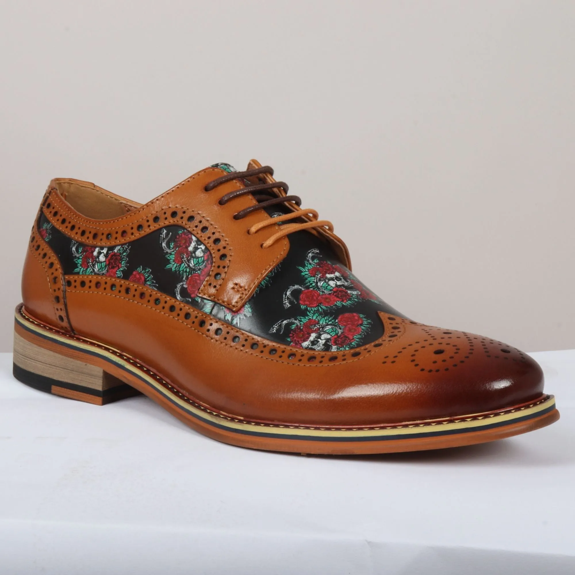 Ross Floral Skull Print Leather Oxford Brogue Lace Up Formal Dress Shoe