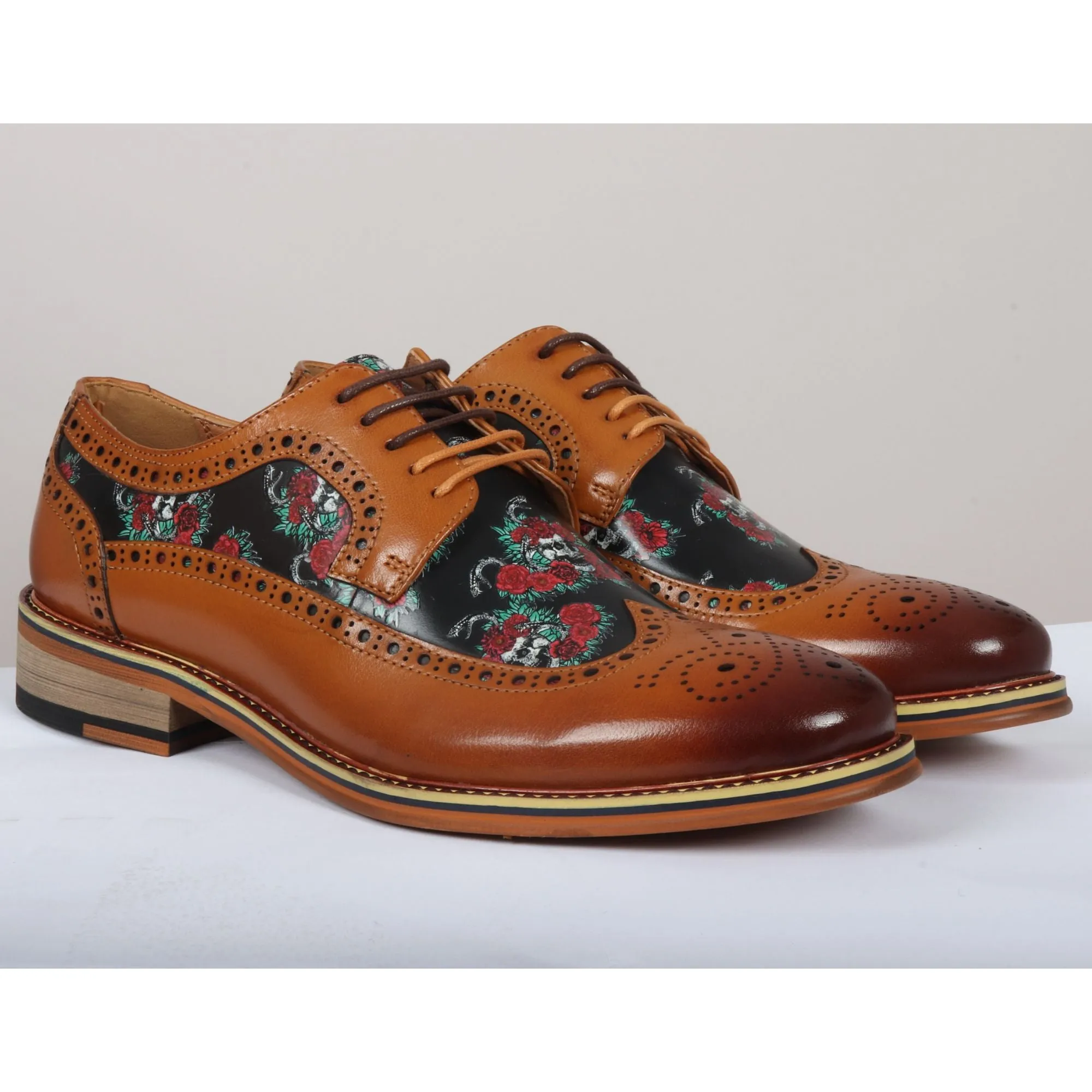 Ross Floral Skull Print Leather Oxford Brogue Lace Up Formal Dress Shoe