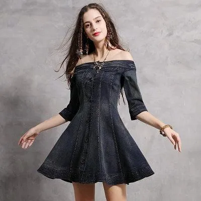 Single Breasted A-line Half Sleeve Vintage Denim Dress