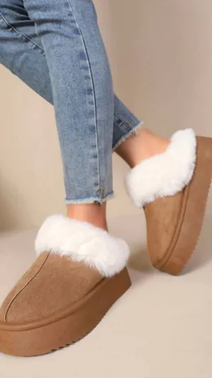 Snowbound Chunky Platform Slippers In Tan