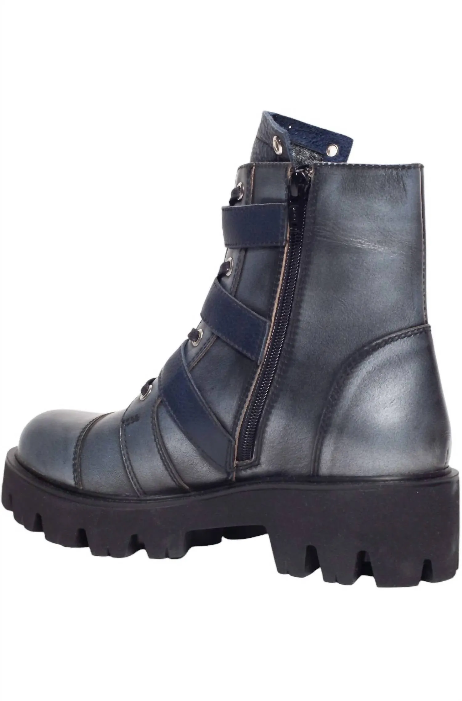 Women's Paris Combat Boots In Silver/dark Blue Black Leather