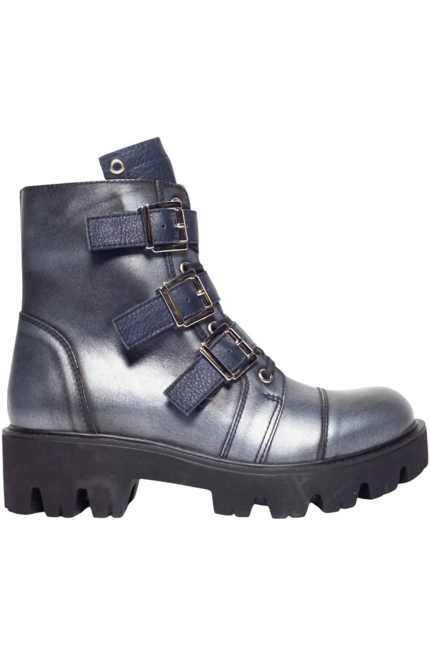 Women's Paris Combat Boots In Silver/dark Blue Black Leather