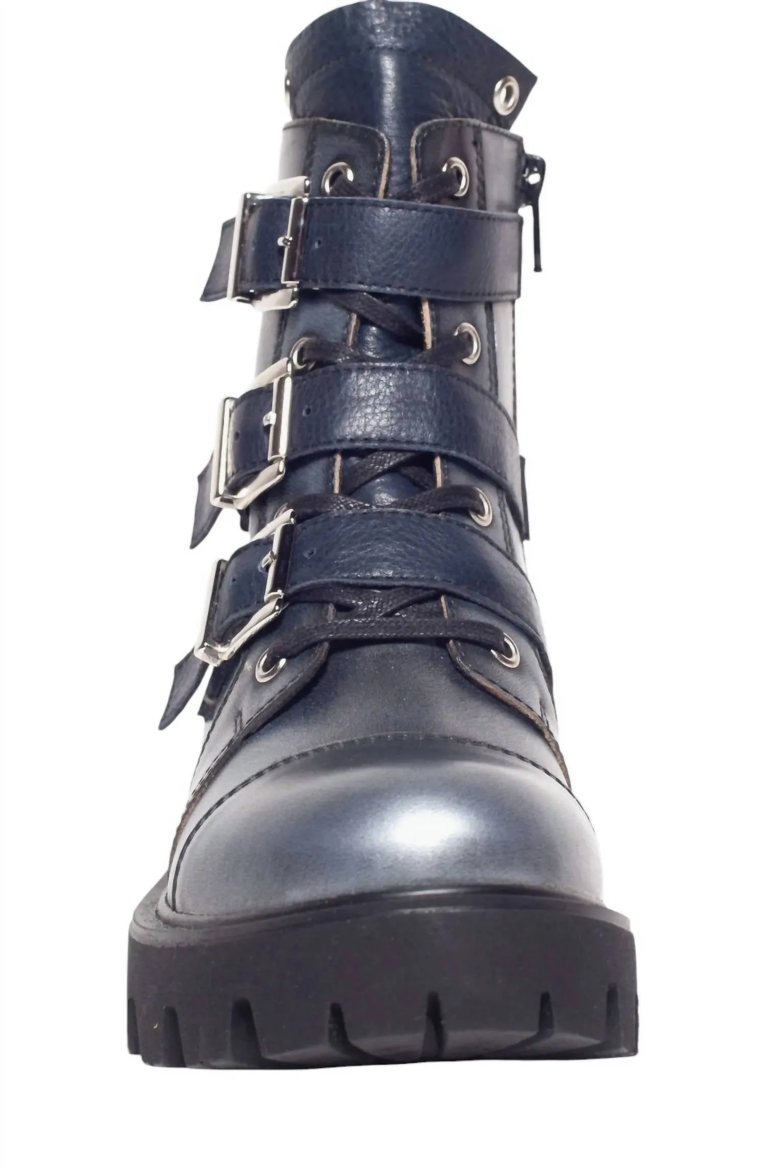 Women's Paris Combat Boots In Silver/dark Blue Black Leather